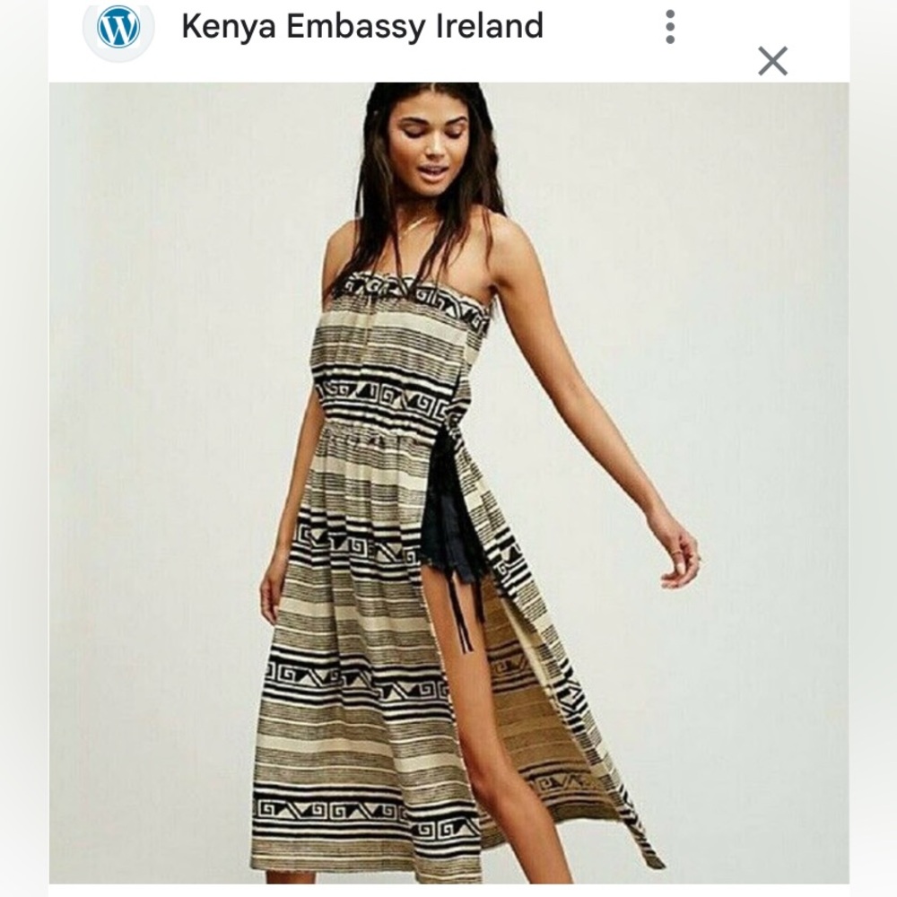 RARE FREE PEOPLE ‘HEIRLOOM’ Black & Cream Off-Shoulder Dress. Tribal design, NWT